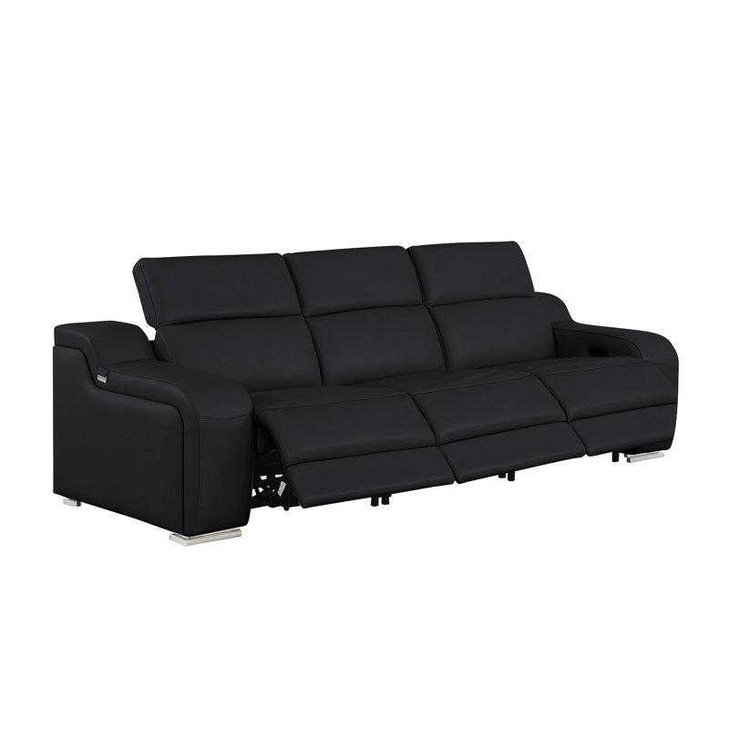Canapé inclinable 3 pièces 1116 Divanitalia noir en cuir fleur italien avec 3 fauteuils inclinables électriques, Noir