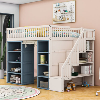 Full Size Wooden Loft Bed With Built-In Staircase Storage, Four-Layer Racks And Curtain