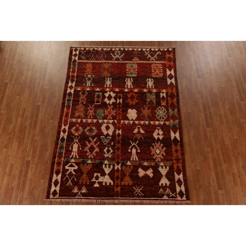 Tapis brun / vert / rouge en laine noué à la main de conception unique 6 pi 8 po x 9 pi 6 po New Age