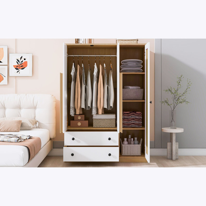 Armoire avec 3 portes et 2 tiroirs, Naturel / Blanc