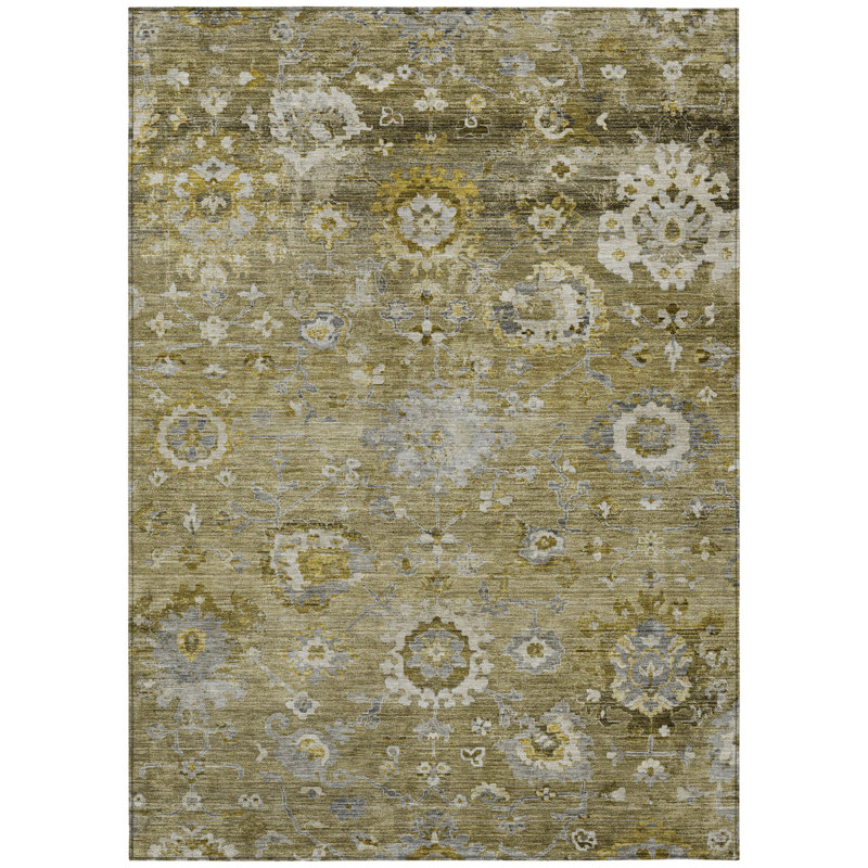 Tapis extérieur lavable floral 10 pi x 14 pi brun, vert et gris