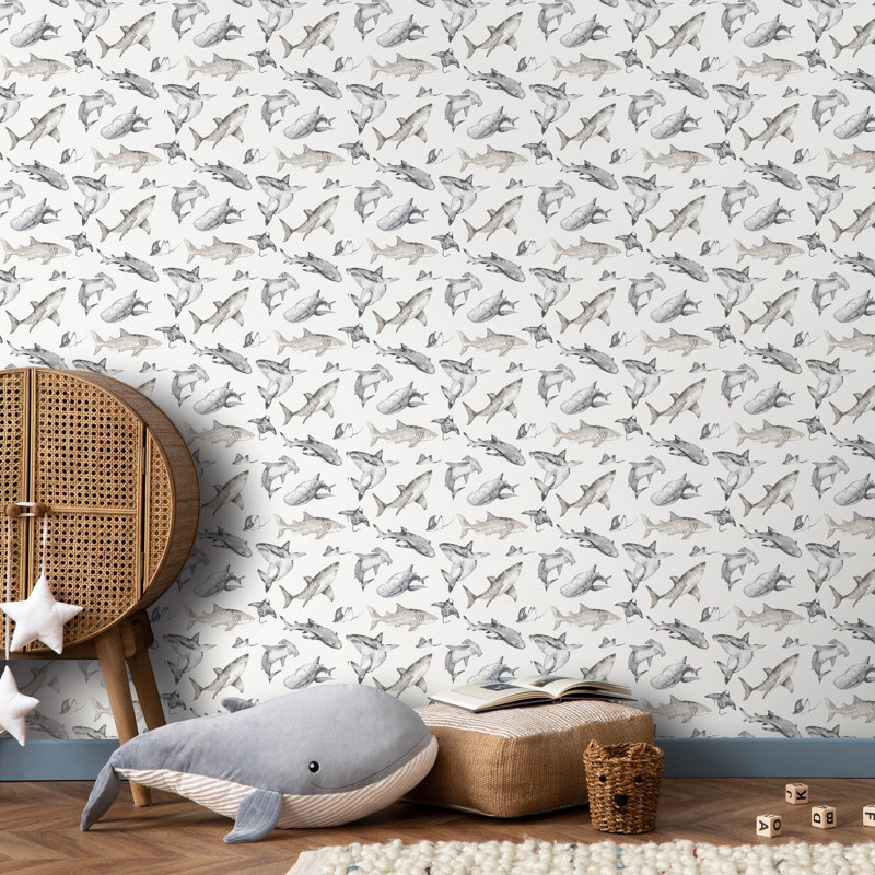 Kids and Teens Collection Sharks Wallpaper Roll, Silver