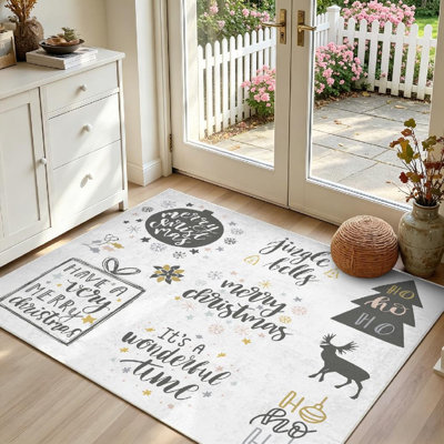 Tapis intérieur noir lavable à la machine, avec inscriptions de Noël et du Nouvel An