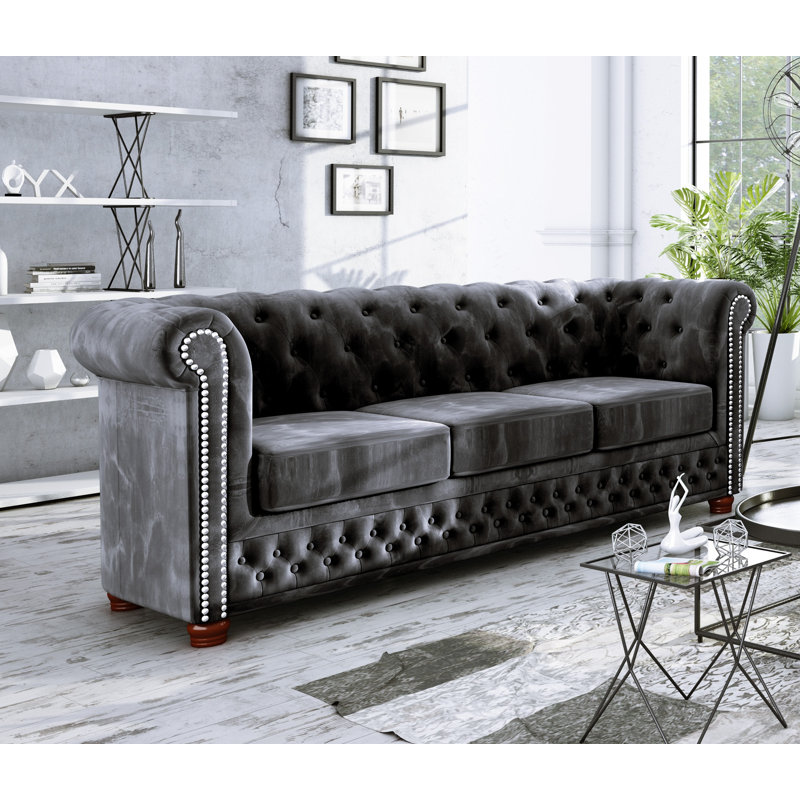 Chesterfield  Sofa 3 Seater Made of Velvet Fabric with Solid Wood Legs, Black