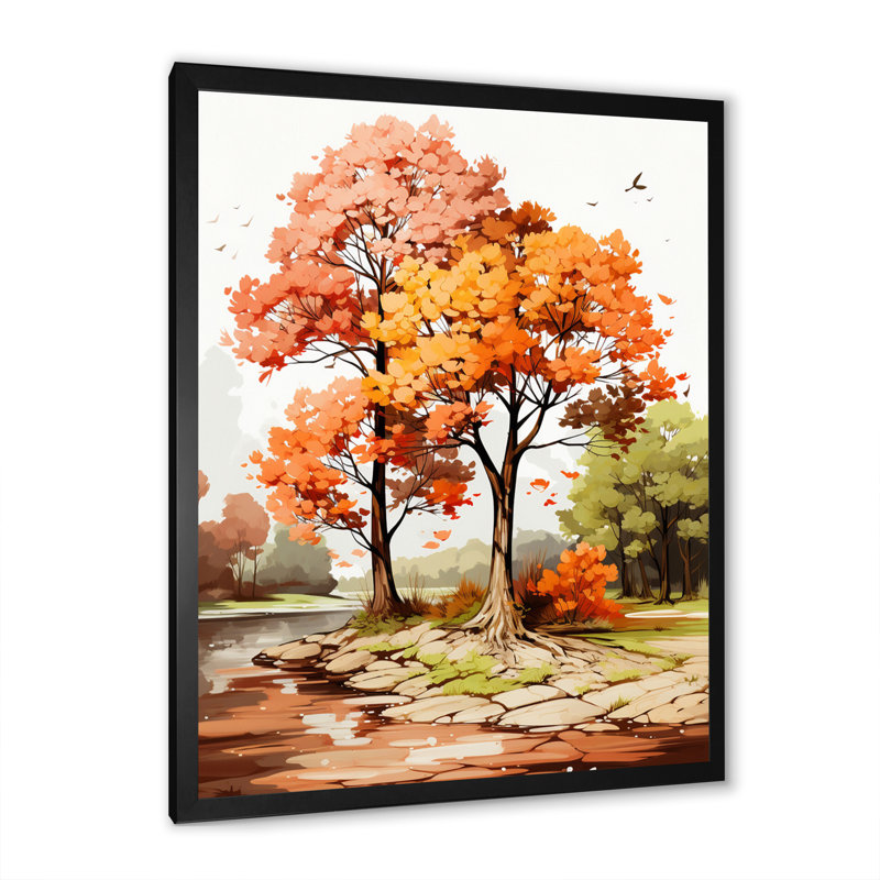 «Two Orange Trees in Autum Watervolor», reproduction sur toile, Cadre simple noir, H 44 po x l 34 po x P 1,5 po