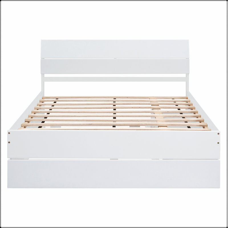 Cadre de lit double avec lit gigogne simple et 2 tiroirs pour blanc brillant, Blanc