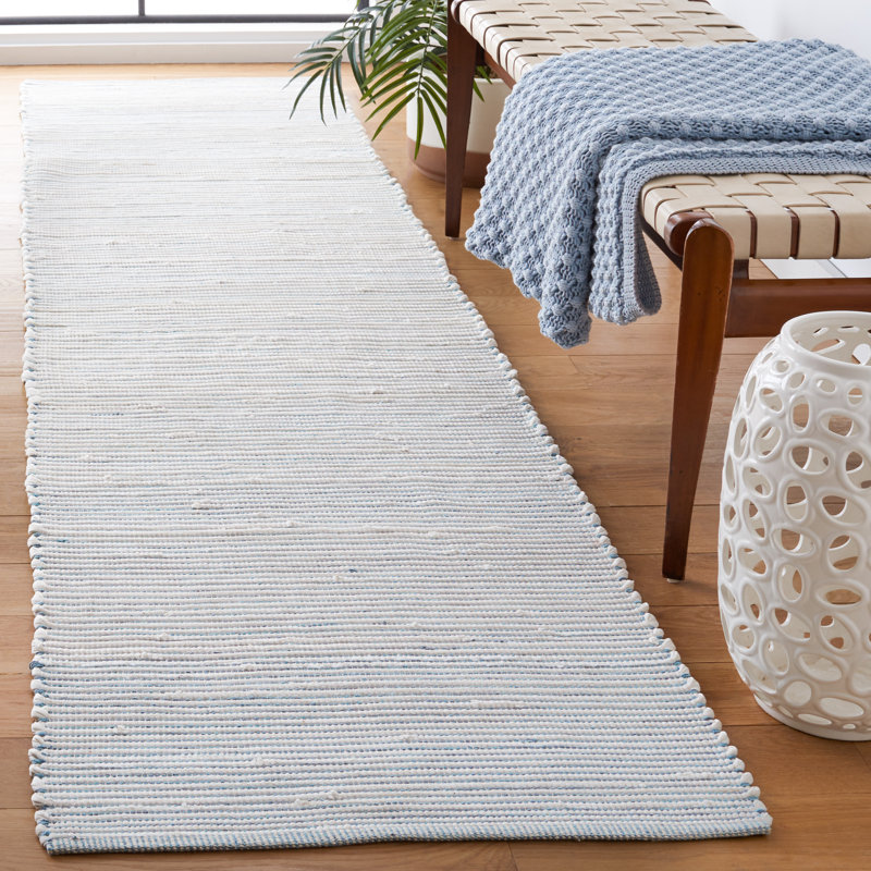 Handmade Flatweave Cotton Area Rug in Turquoise / Ivory, Runner 2'3" x 9'
