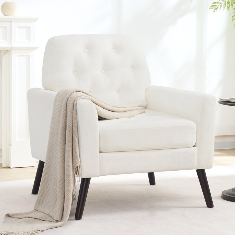Mid-Century Accent Chairs with Button and Removable Cushions, White