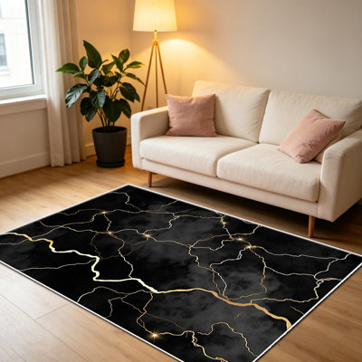 Tapis en marbre noir doré de 1 pièce, élégant tapis décoratif polyvalent, facile à nettoyer et à entretenir, pièce de mobilier idéale pour la chambre à coucher, le salon, le couloir, le vestibule, le dortoir et le bureau afin de rafraîchir l'ambiance intérieure de votre maison