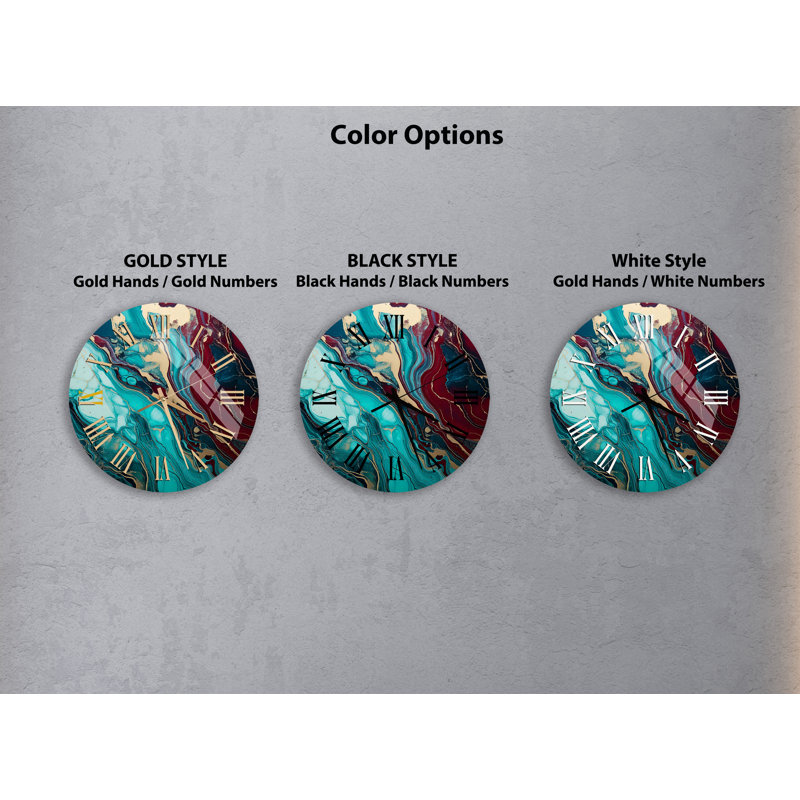Luxe Teal, Burgundy, and Gold Marble Tempered Glass Non-Ticking Wall Clock, Black