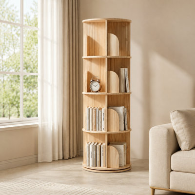 4 Tier Rotating Bookshelf, Round Floor Standing Bookcase with 360 Degree Spinning Storage, Wooden Display Shelf
