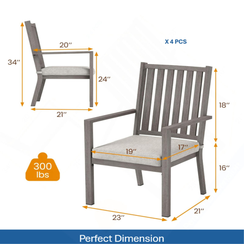 Ensemble de 4 chaises de patio en aluminium toutes saisons de 23 po avec coussins gris épais et structure grise