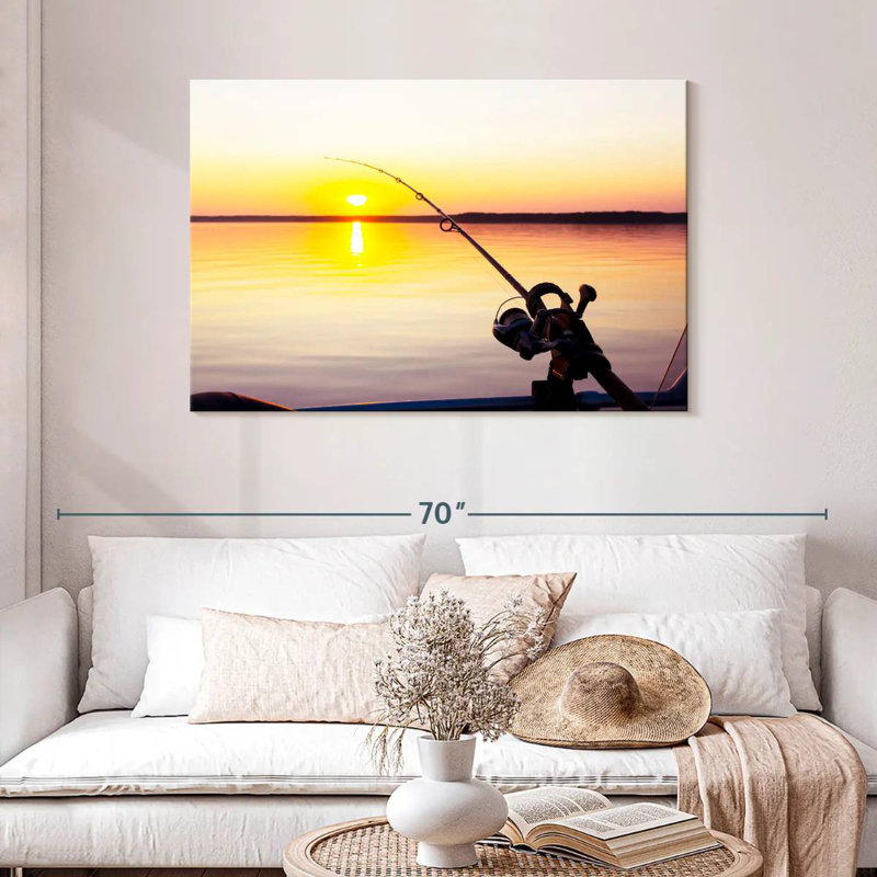 Pêche au coucher du soleil, H 30 po x l 45 po