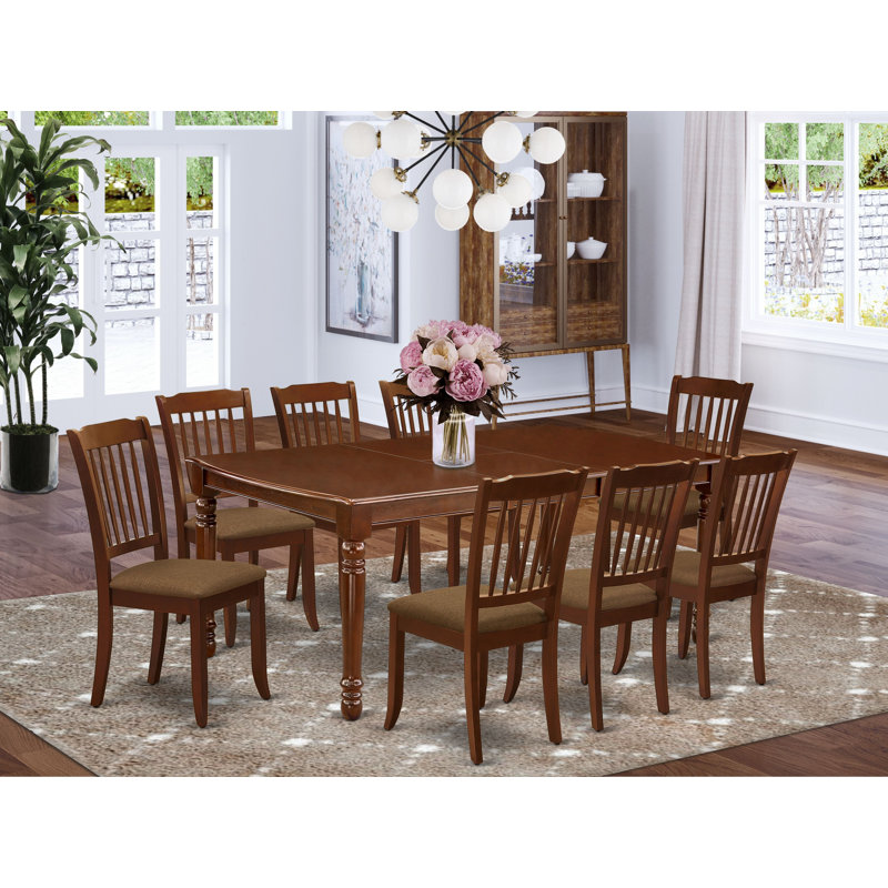 9 Piece Dining Table Set Includes a Rectangle Dining Room Table with Butterfly Leaf and 8 Linen Fabric Chairs, Mahogany