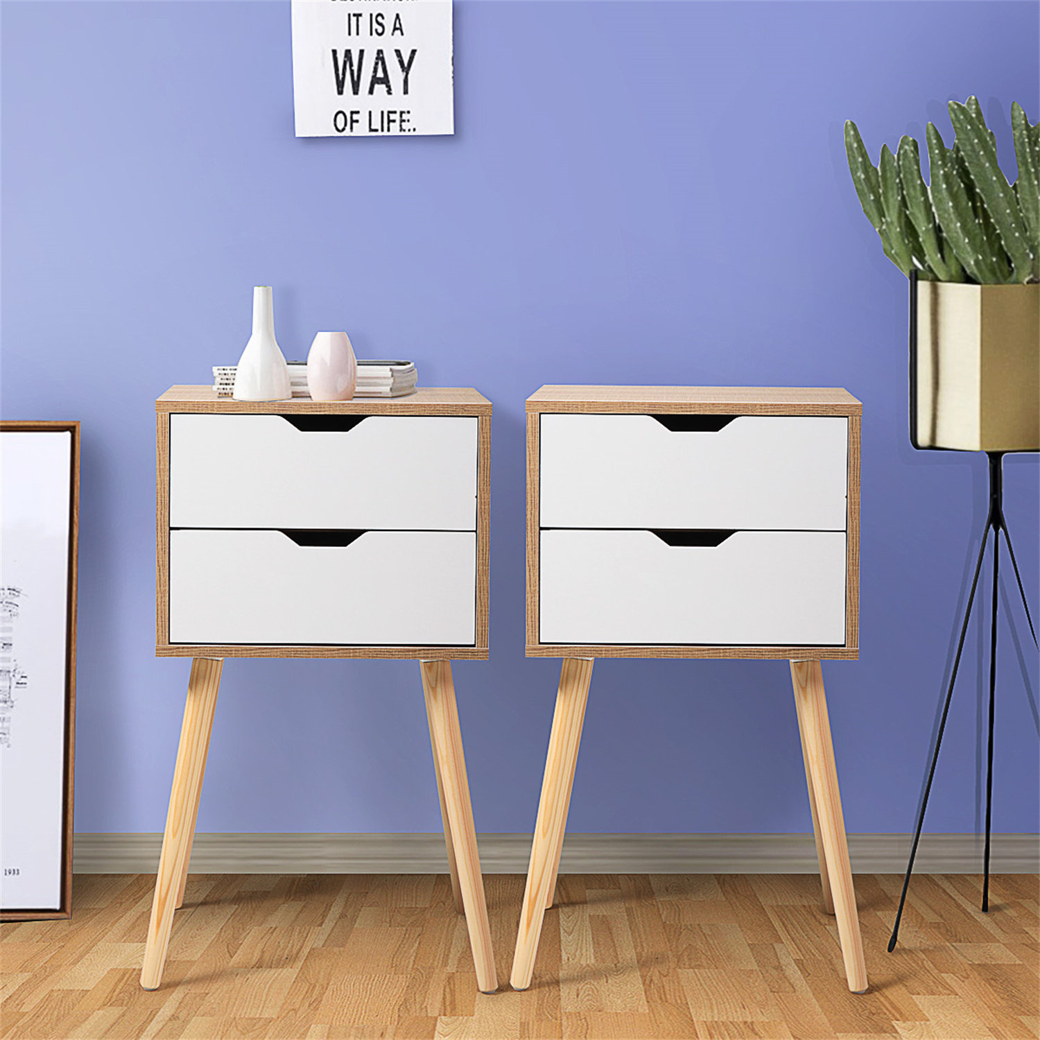 Corrigan Studio® Set Of 2 Wooden Modern Nightstand With 2 Drawers And 4  Solid Splayed Legs, Living Room Bedroom Furniture- White