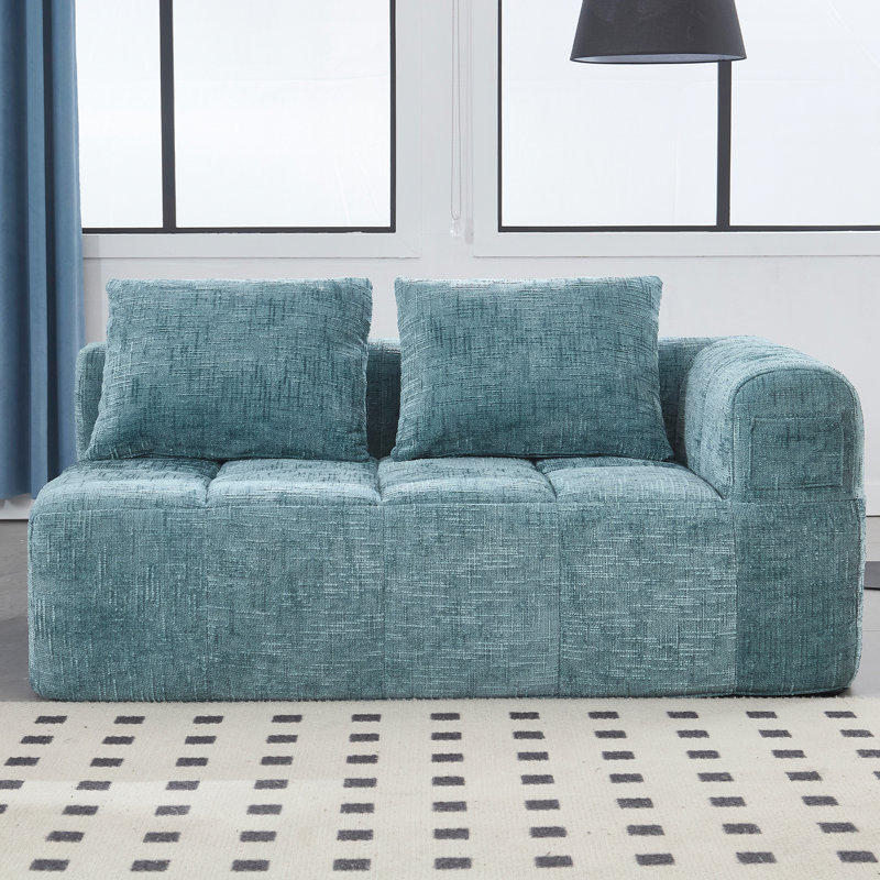 2 canapés-lit en chenille avec tissu froissé, H 29,23 po x l 30,9 po x P 30,83 po, Bleu menthe