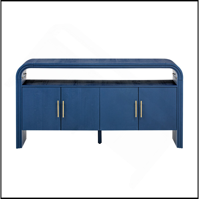 Buffet courbé minimaliste 59,8 po avec poignées dorées, armoire de rangement multifonctionnelle à 4 portes, console d'entrée avec tablette ouverte pour le salon, la salle à manger