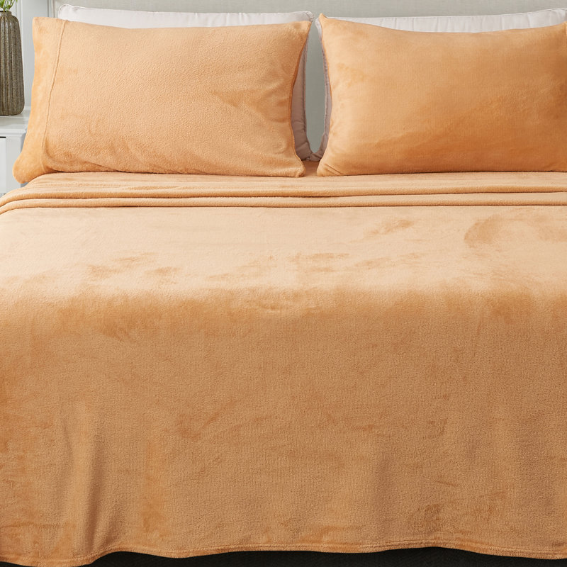 Ensembles de draps en velours ultra doux, Ensemble de draps pour lit double avec un drap-hou, Couleur unie, Chair