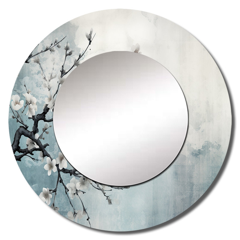 Asian Art Sumi Bird Serenity douzième - grand miroir mural asiatique, miroir rond unique, 29 po x 29 po