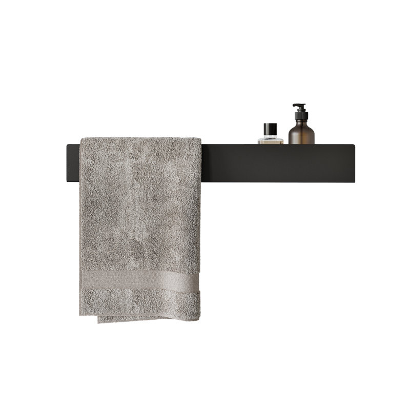 LAVANDA Metal Floating Shelf with Towel Bar, Black, 8cm H x 60cm W x 6cm D