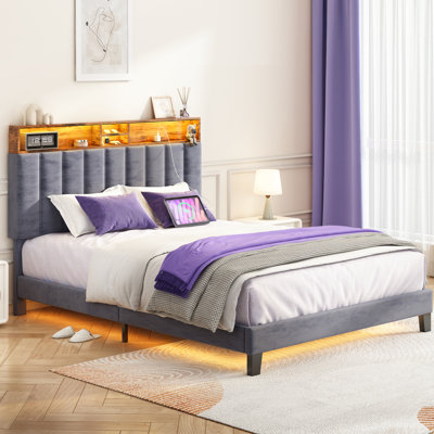 Upholstered Bed Frame with Headboard-Storage Headboard with Smart LED Lights and USB Charging Station,Noise Free,No Box Spring Needed