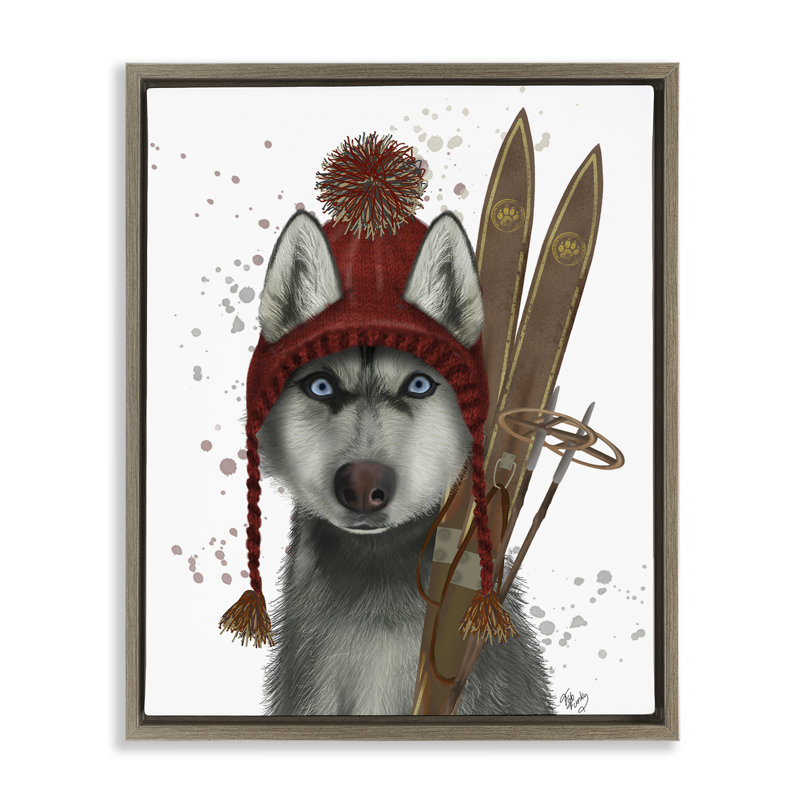 «Husky with Winter Skis» par Fab Funky, H 21 po x l 17 po, Cadre flottant orme Montalcino