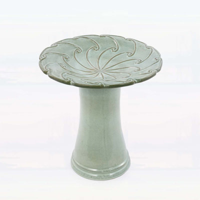 Handmade Glazed Ceramic Bird Bath with Sage Green Gradient, 17-Inch Embossed Tray and 18-Inch Pedestal Base for Outdoor Use