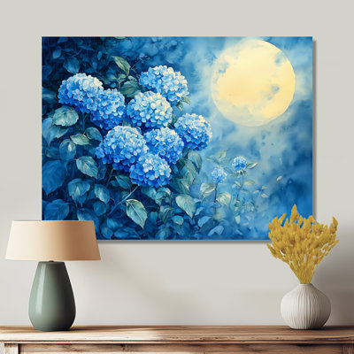 Hortensias sous le clair de lune II - reproduction d'art traditionnelle en métal, décoration murale en métal hydrangées