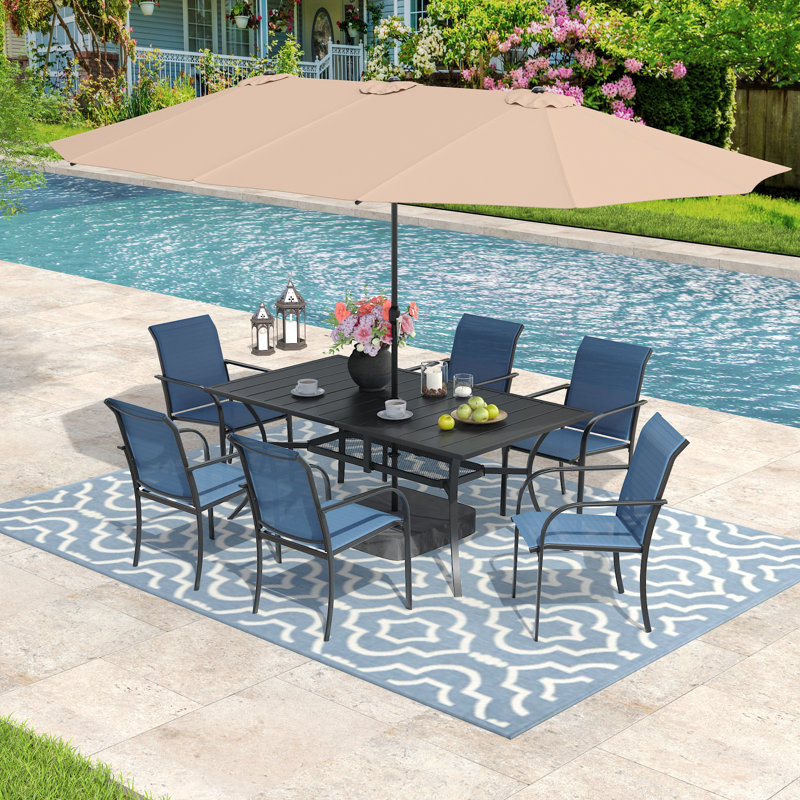 Outdoor Rectangular 6-Person Dining Set With Umbrella & Stackable Textilene Chairs, Blue/Beige