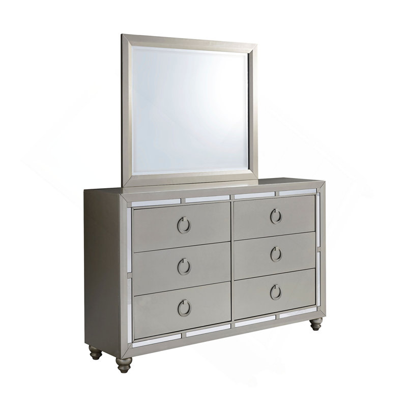 Commode 6 tiroirs avec bordure en miroir et boutons décoratifs
