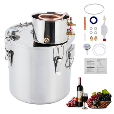 Stainless Steel Alcohol distiller. Home Distilling Brewing Kit with Copper Tube & Built‑in Dual‑Display Thermometer for DIY Whisky. Wine. Brandy and Essential Oil Making