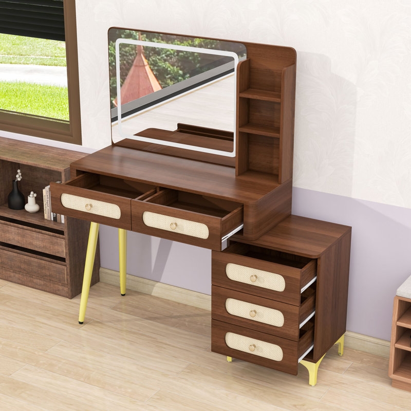 Bureau de maquillage avec miroir et lumières, 5 tiroirs et tablettes de rangement, Brun