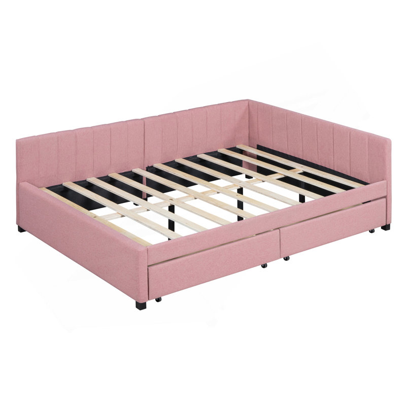 Lit de jour double rembourré avec cadre de canapé-lit avec 2 tiroirs de rangement, Rose