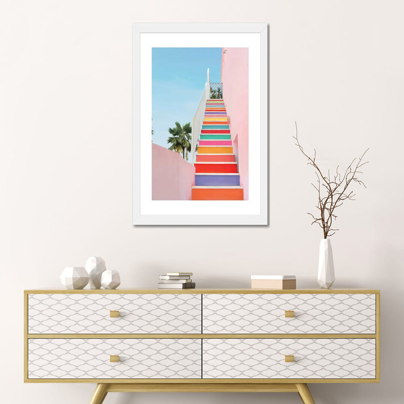 " Rainbow Stairs " by Erin Summer, White Paper, White, 24'' H x 16'' W x 1'' D