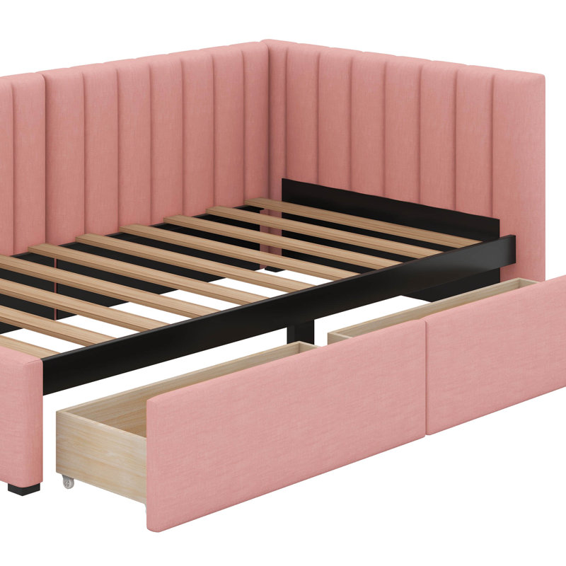 Lit de jour simple tapissier avec 2 tiroirs de rangement, Rose