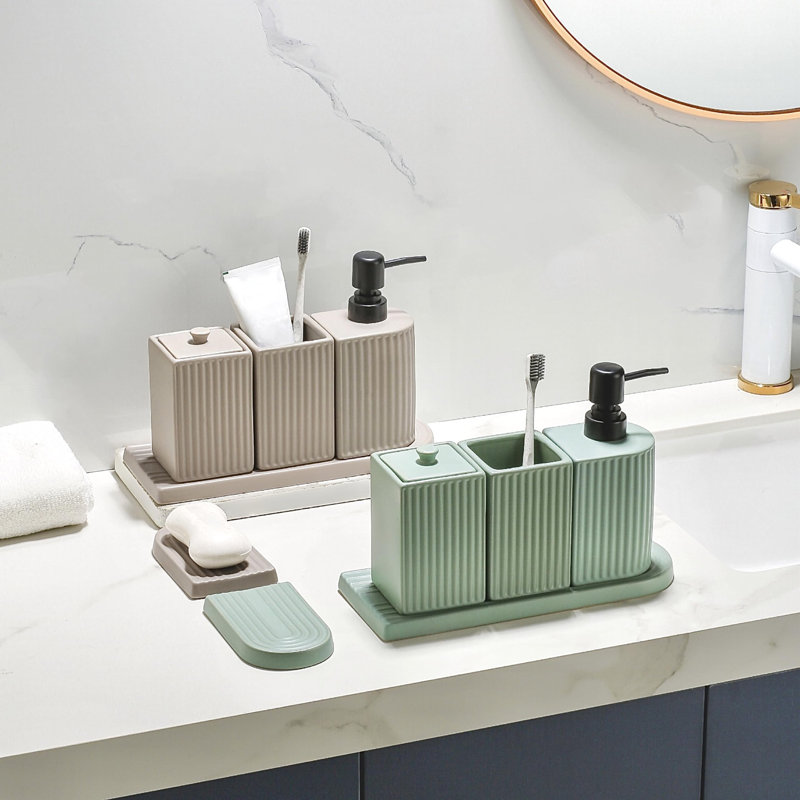 Ensemble d'accessoires de salle de bain - Porte-brosse à dents en céramique, distributeur de lotion / savon, tasse, porte-savon, porte-coton-tige