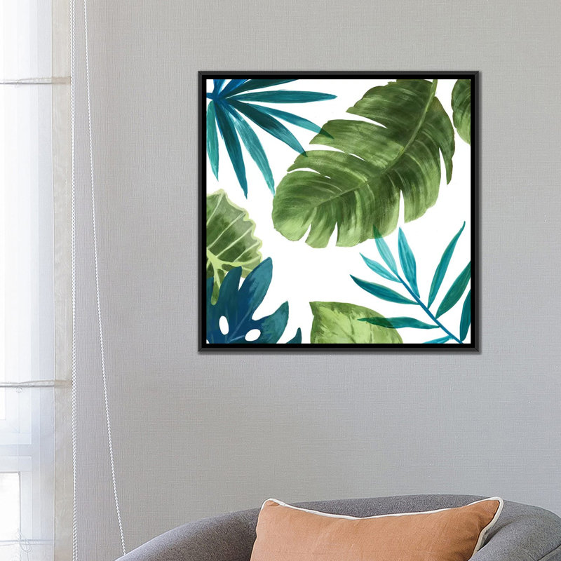 « tropical leaves ii », impression sur toile, H 18 po x l 18 po x p 1,5 po, Toile avec cadre noir, Pas de tapis
