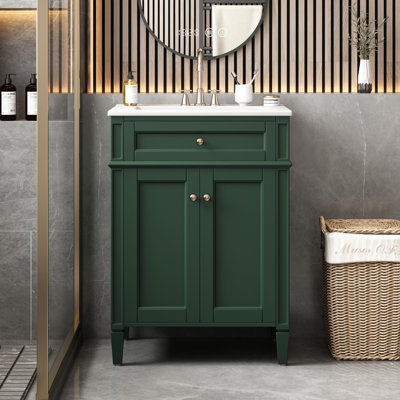 Meuble-lavabo de salle de bain 24 po avec 2 portes, tiroir basculant, support en bois massif, lavabo en céramique facile à nettoyer, portes d'armoire à fermeture silencieuse et conception réfléchie, rails coulissants lisses, mise à niveau