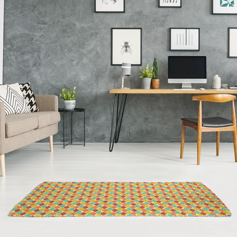 Tapis jaune/rouge/orange/orange rétro diamants, Rectangle 5 pi x 7 pi