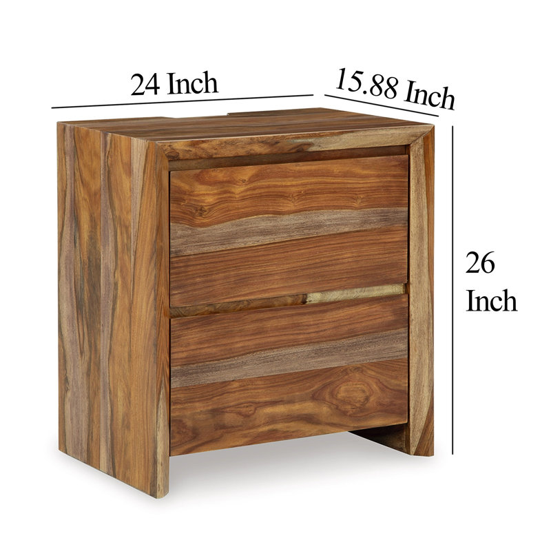 Table de chevet 2 tiroirs Donni, finition en bois de sheesham brun, 24 po