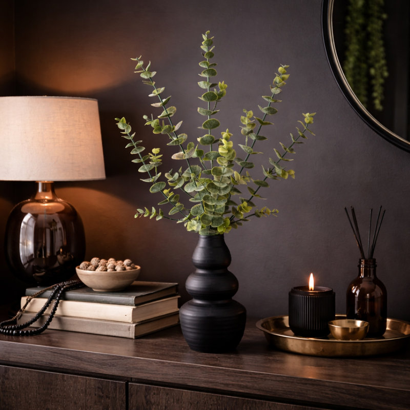 Vase en céramique noir 28 po Eucalyptus