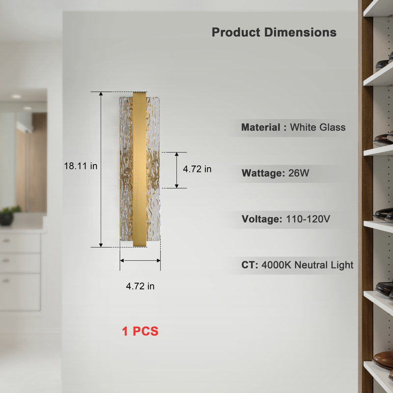 LED Dimmable Wall sconces with Water Corrugated Glass Wall Lamp, Gold, 18.11" H x 4.72" W x 3.94" D