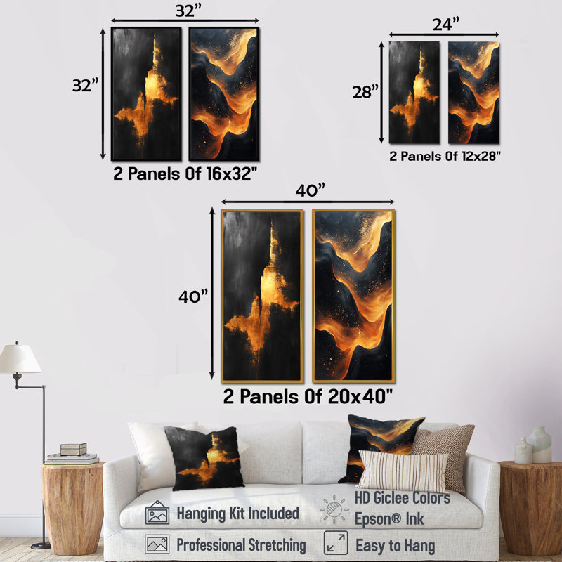«Black and Gold Ethereal Dream I - Minimalisme», ensemble d'art mural 2 pièces, H 28 po x l 24 po, Toile tendue