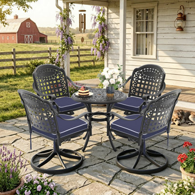 5-Piece Round Patio Dining Set with Swivel Chairs, Blue Cushions & Umbrella Hole Outdoor Bistro Furniture Set