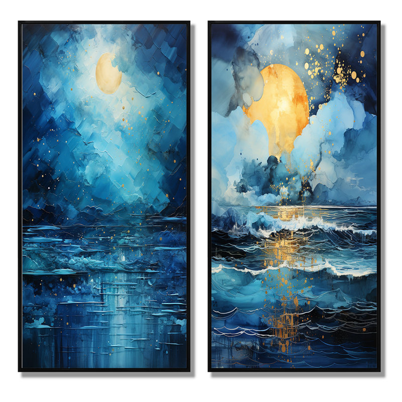 «Teal Yellow Ocean Serenade Pastoral», 2 pièces, Cadre noir, H 32 po x l 32 po