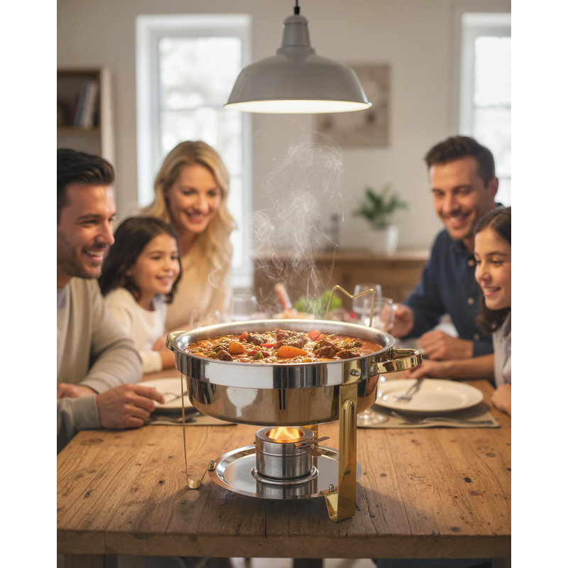 2-Pack 5QT Stainless Steel Round Chafing Dish Set, Buffet Food Warmer with Clear Lid & Fuel Holder, For Weddings, Catering & Home Dining (Gold)
