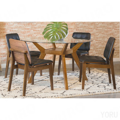Brown 5-Piece Round Glass Top Dining Table Set