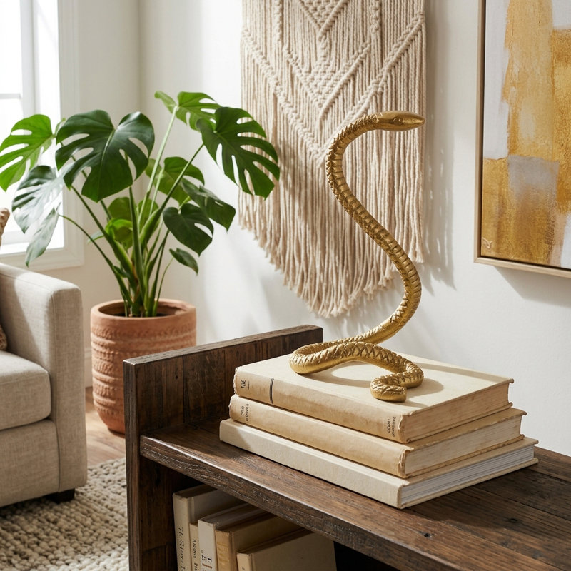 Markitta Snake Figurine Aluminum Metal Boho Style 10 Inch Gold Decorative Sculpture for Home Office Living Room Decor