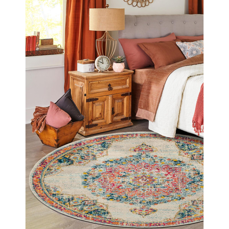 Galyean Abstract Ivory/Orange Rug, Round 7'1"