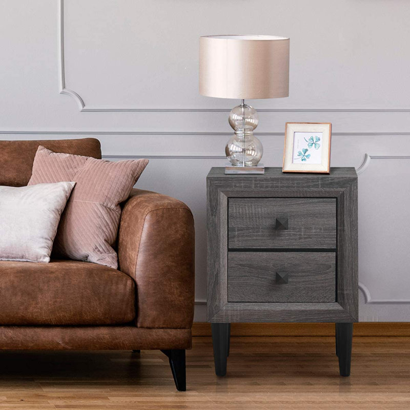Grey MDF and Rubber Wood 2-Drawer Nightstand with Black Legs